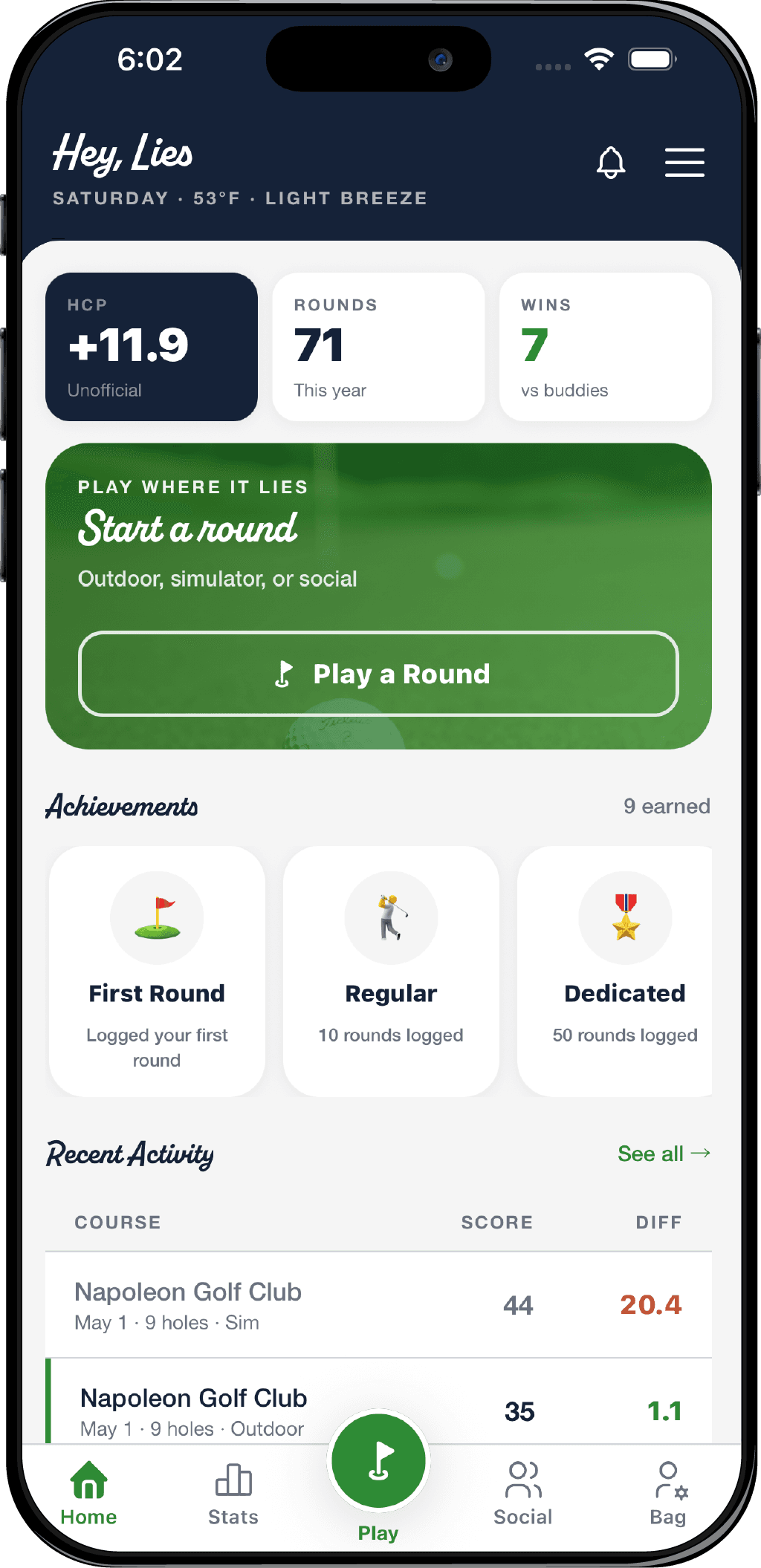 Lies Golf app home screen